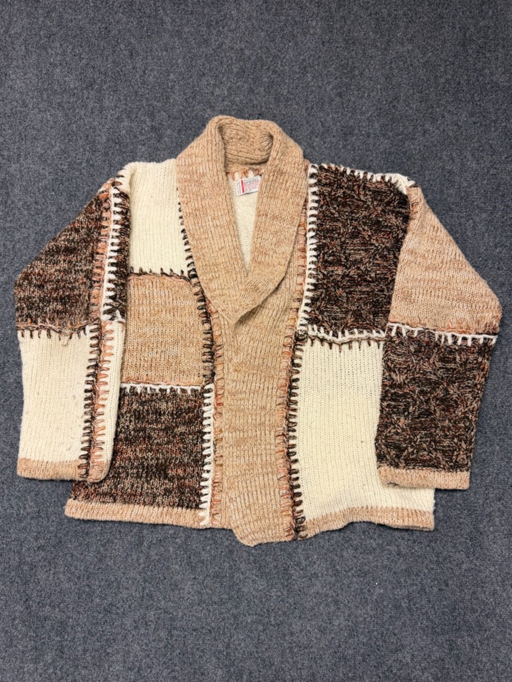 Vintage 1970s tan and brown knit shawl collar sweater L